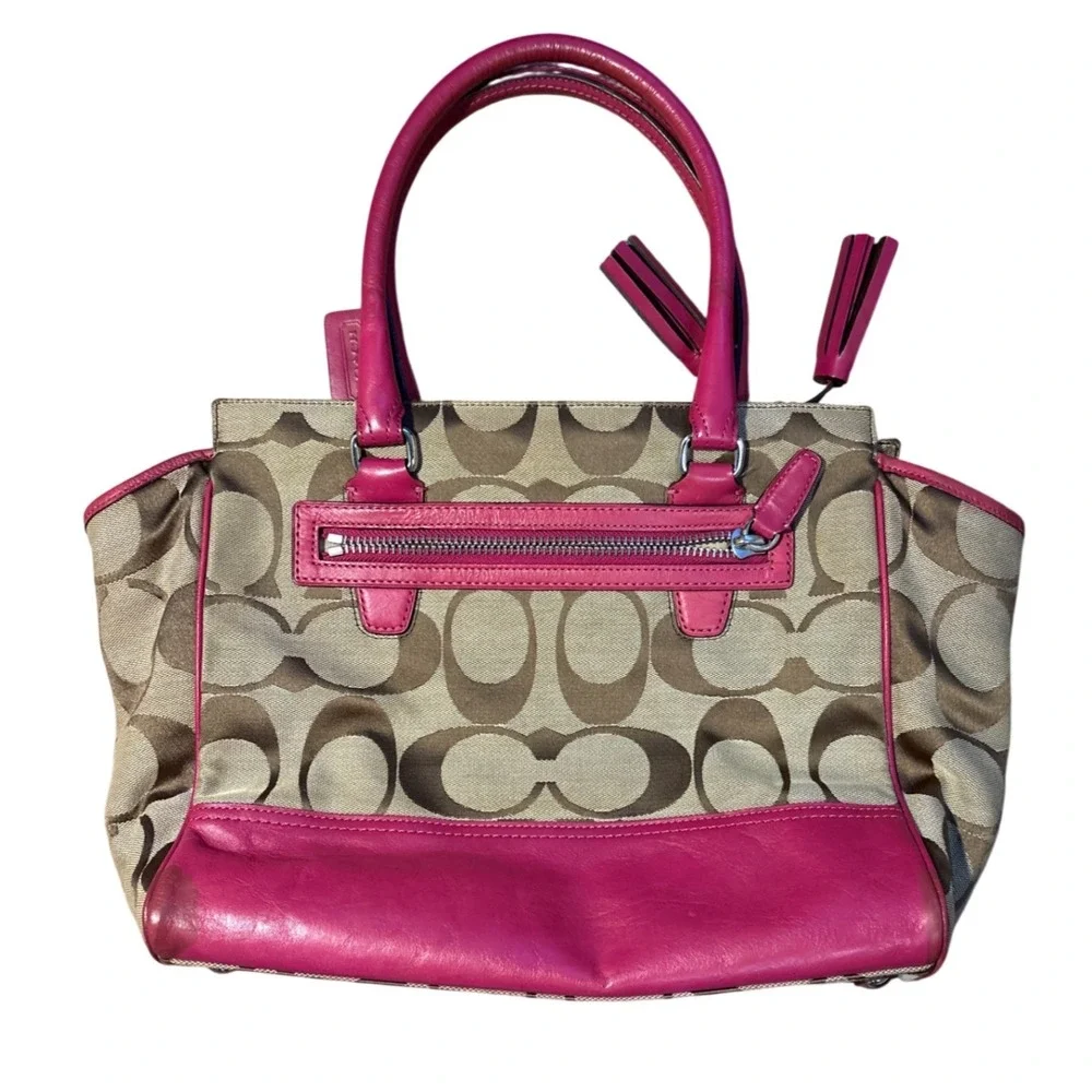 Vintage Coach Signature Canvas Carryall Tote Bag Pink Leather Trim Satchel 21157